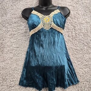 Y2K Dolled Up by FANG Babydoll Top Small Crinkle Crochet Beaded Tie Back Fairy